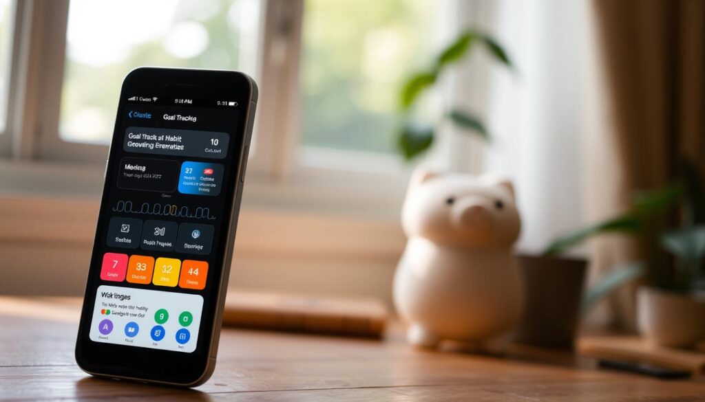 A user-friendly app interface showcasing a clean, minimalist design. The foreground features a smartphone displaying various goal-tracking metrics, with vibrant icons and a sleek, intuitive dashboard. The middle ground depicts a serene, nature-inspired background, with soft lighting filtering through a window. The overall atmosphere evokes a sense of focus, productivity, and personal growth, aligned with the task of selecting the best habit-monitoring app. The image should convey a sense of simplicity, organization, and a harmonious balance between technology and natural elements.