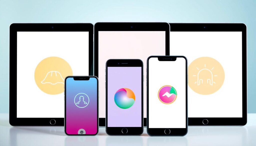 High-quality digital illustration of five popular mobile applications focused on improving concentration and productivity, rendered in a vibrant, modern style with a clean, minimalist layout. The apps are displayed on the screens of various digital devices, including smartphones and tablets, arranged neatly in the foreground against a soft, blurred background. The devices are positioned at slightly different angles, creating a sense of depth and movement. The overall lighting is bright and natural, with soft shadows and highlights that accentuate the sleek, contemporary design of the apps and devices. The color palette is muted and professional, with a focus on cool tones that convey a sense of focus and efficiency.