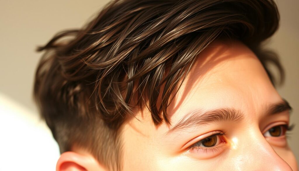 A close-up shot of a person's head, focusing on a stylish haircut. The lighting is bright and natural, creating a warm, inviting atmosphere. The hairstyle features a modern, textured look with subtle layers and a slightly tousled appearance. The person's facial features are partially obscured, emphasizing the attention on the haircut. The background is blurred, creating a sense of depth and directing the viewer's focus to the central subject. The image conveys a sense of experimentation, showcasing how a simple change in hairstyle can transform one's appearance and personal style.