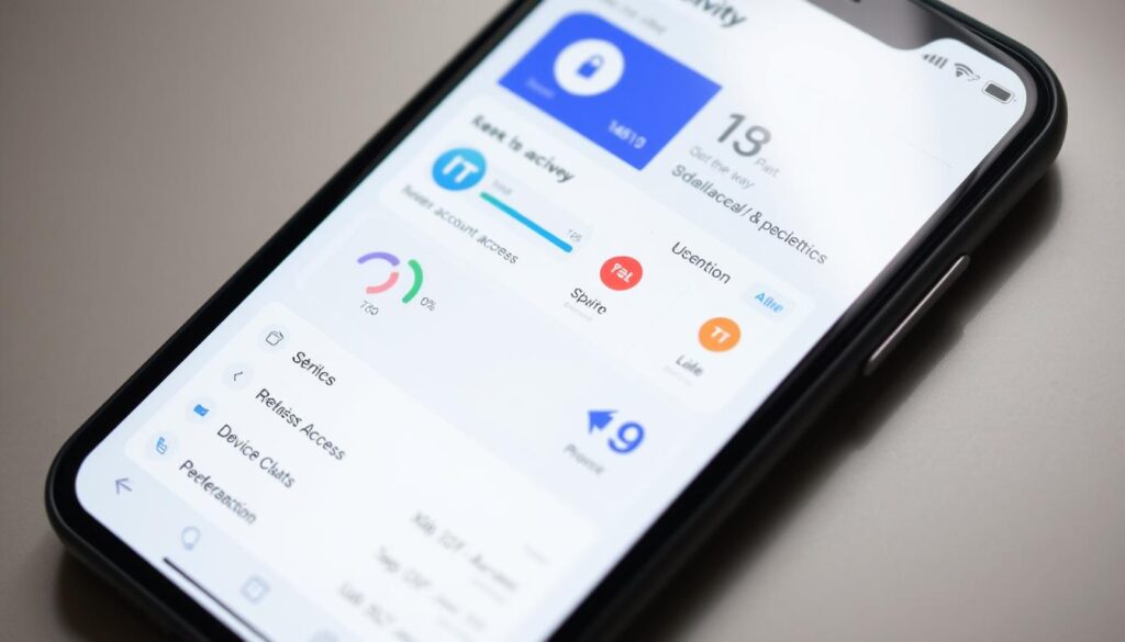 A close-up view of a smartphone screen displaying a mobile app interface for monitoring activity, with a clean and intuitive design. The app showcases various metrics and analytics related to user account access, including login history, device information, and location data. The screen is well-lit, with a soft, neutral-toned color palette and subtle shadows to create depth and a sense of digital interaction. The overall composition emphasizes the functional aspects of the app, conveying a sense of security and control over personal digital presence.