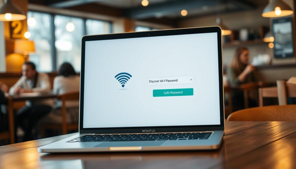 A cozy cafe interior, with a laptop open on a wooden table, showcasing a Wi-Fi network password reveal app. Soft, warm lighting illuminates the scene, creating an inviting atmosphere. The laptop screen displays a simple, intuitive interface, with a prominent "Discover Wi-Fi Password" button. In the background, blurred cafe patrons enjoy their drinks, while the foreground emphasizes the ease of accessing the password through the app. The composition highlights the convenience and practicality of this technology, subtly conveying the appeal of discovering Wi-Fi passwords without hassle.