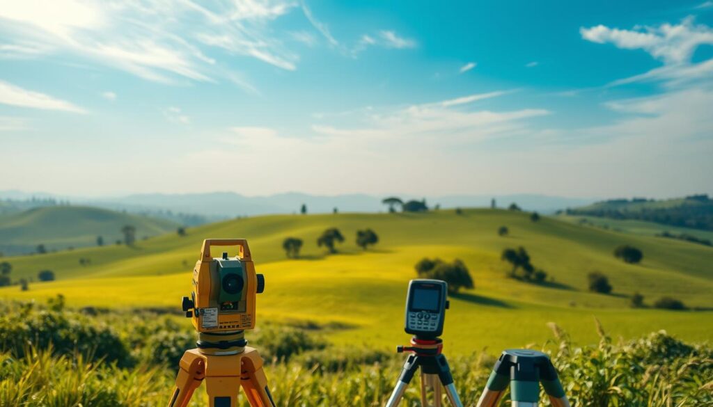A lush, sun-dappled landscape with a surveyor's equipment prominently featured in the foreground. A theodolite, a measuring tape, and a GPS unit are neatly arranged, conveying the tools of the trade. In the middle ground, a rolling, verdant field with gentle hills and scattered trees, suggesting the expansive terrain being measured. The background is a hazy, azure sky, with wispy clouds drifting overhead, creating a sense of tranquility and openness. The overall scene radiates a professional, technical atmosphere, while maintaining a touch of natural beauty, capturing the essence of land measurement and surveying.