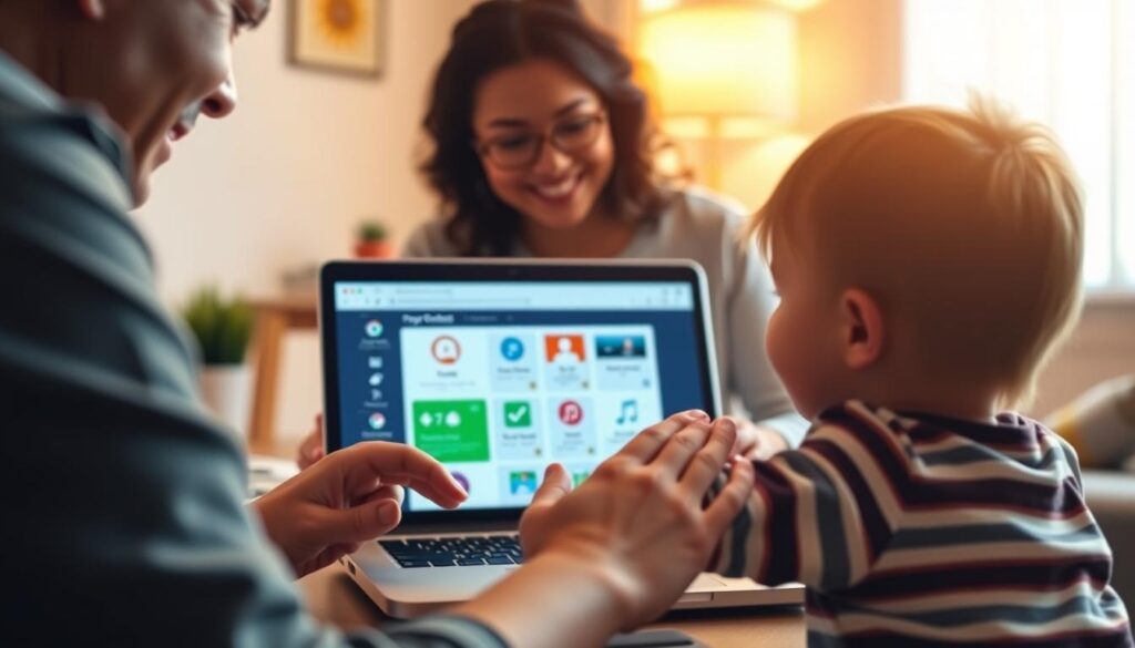 A serene home office setting with a caring parent monitoring a child's digital activities on a laptop screen. Warm, diffused lighting illuminates the scene, creating a nurturing atmosphere. In the foreground, a parent's hands gently guide the child, their expressions conveying a sense of guidance and connection. The middle ground features the laptop displaying parental control software, showcasing its intuitive interface. The background subtly blurs, maintaining focus on the central interaction. Overall, the image conveys the benefits of responsible, supportive parental monitoring to ensure a child's online safety and wellbeing.