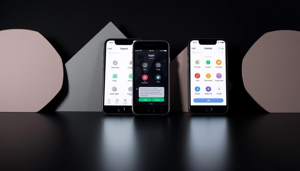 A sleek, minimalist comparison of the top parental control apps, showcased on a sophisticated dark background. In the foreground, three mobile device silhouettes display the apps' user interfaces side-by-side, highlighting their key features through clean, elegant icons and typography. The middle ground features abstract geometric shapes in a muted color palette, creating depth and visual interest. Soft, directional lighting casts subtle shadows, emphasizing the apps' modern, high-tech aesthetic. An overall sense of professionalism and technological prowess permeates the scene, reflecting the informative nature of the "Comparativo dos Principais Aplicativos do Mercado" section.