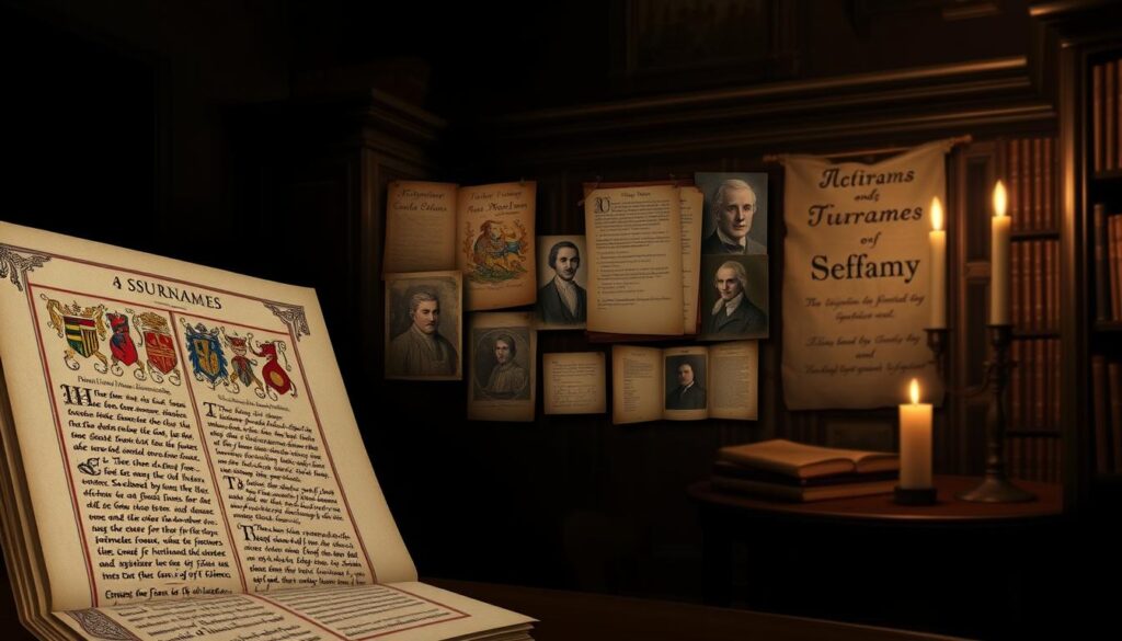 An elegant illustration of the history and cultural context of surnames. In the foreground, an illuminated medieval manuscript page depicts heraldic crests and family lineages. In the middle ground, a sepia-toned montage of portraits and old documents illustrates the evolution of surnames across different eras and regions. The background features a dimly lit library or archive, with shelves of ancient tomes and a sense of scholarly contemplation. Warm candlelight casts a reverent glow, evoking the reverence and significance of one's ancestral heritage. Soft, muted colors and a sense of historical depth convey the gravitas of this cultural exploration.