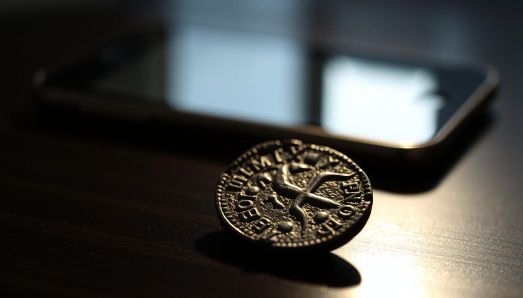 A close-up shot of an ancient coin resting on a black velvet surface, illuminated by a warm, directional light source. The coin's surface is meticulously detailed, revealing intricate designs and texture, showcasing the advanced minting techniques of its time. In the background, a hazy, out-of-focus silhouette of a smartphone or tablet, symbolizing the integration of modern technology in the study and preservation of numismatic heritage. The overall composition conveys the idea of the synergy between traditional craftsmanship and cutting-edge digital tools in the field of numismatics.