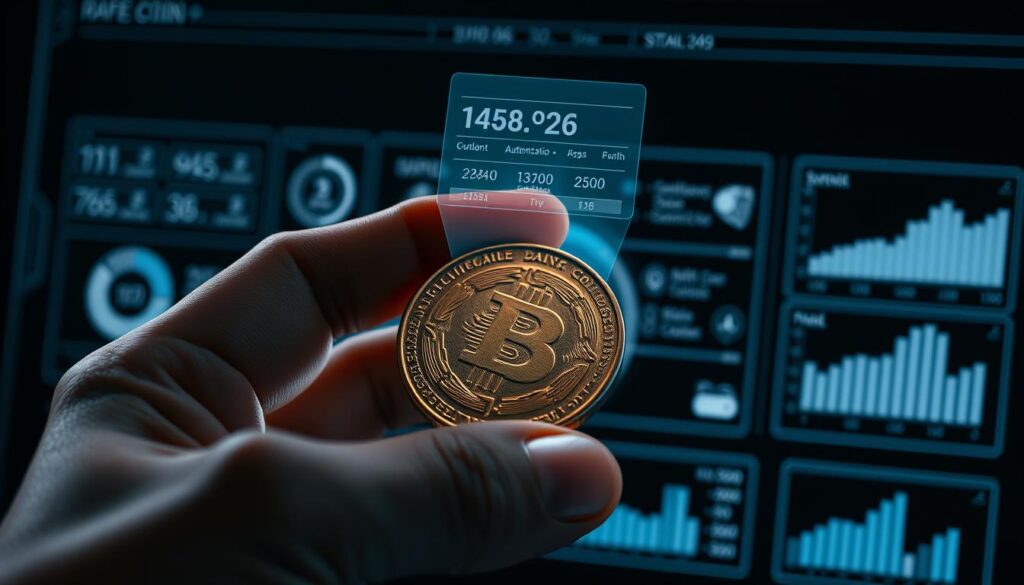 A closeup view of a hand holding a rare coin, with a holographic display projected above it, showcasing detailed information and authentication data. The coin's surface is sharply in focus, illuminated by soft, diffused lighting that accentuates its intricate design. In the background, a sleek, minimalist interface with intuitive controls and statistics panels provides a visually striking contrast, hinting at the advanced technology powering this innovative coin recognition system. The overall mood is one of precision, sophistication, and the seamless integration of analog and digital realms.
