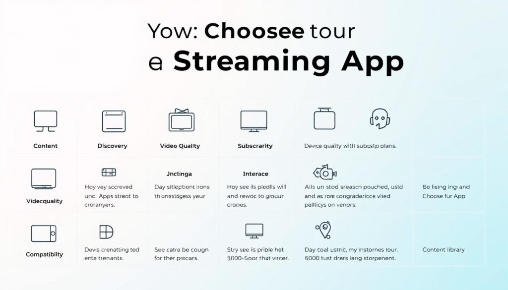 A neatly organized grid layout featuring a series of high-resolution icons and text elements, depicting the key criteria for choosing a streaming app. The foreground showcases intuitive app icons for content discovery, video quality, and device compatibility. The middle ground highlights detailed text descriptions of crucial factors like subscription plans, user interface, and content library. The background provides a soft, minimalist gradient in soothing tones, creating a clean, modern aesthetic. Crisp, even lighting illuminates the scene, while a slightly elevated camera angle provides an authoritative, informative perspective. The overall mood is one of clarity, professionalism, and utility, reflecting the practical nature of the topic.
