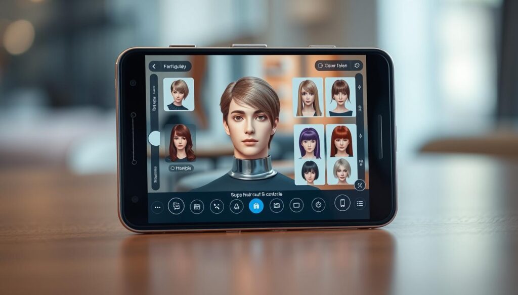 A sleek, modern mobile device displaying a realistic virtual hair salon simulation. The device's screen showcases a detailed 3D model of a person's head, with various hairstyles and colors to experiment with. The user interface features intuitive controls, allowing seamless navigation through different haircut options. The scene is illuminated by soft, diffused lighting, creating a warm and inviting atmosphere. The background blurs gently, keeping the focus on the immersive virtual hair-styling experience.
