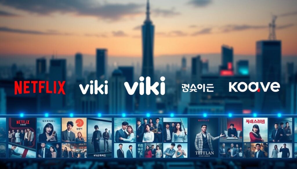 A visually striking digital illustration depicting the main streaming platforms for Korean dramas. In the foreground, prominently featured are the logos and brand identities of popular streaming services like Netflix, Viki, Wavve, and Kocowa, arranged in a clean, symmetric layout. The middle ground showcases a diverse selection of Korean drama posters, conveying the rich content and variety available on these platforms. The background features a subtle, blurred cityscape with skyscrapers and neon lights, evoking the modern, urban setting where viewers can enjoy these captivating shows on their mobile devices. The overall mood is sleek, contemporary, and visually captivating, reflecting the sophisticated world of Korean entertainment streaming.