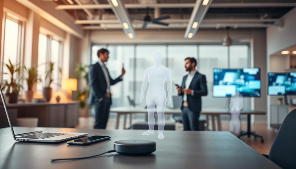 A professional office setting with virtual assistants seamlessly integrated into the workspace. In the foreground, a desk with a sleek, minimalist design, featuring a laptop, smartphone, and a discreet voice-controlled device. Mid-ground, two colleagues collaborating on a project, one gesturing to the virtual assistant hovering attentively between them. The background showcases a modern, well-lit open-plan office, with floor-to-ceiling windows allowing natural light to fill the space. Soft, warm lighting creates a productive and inviting atmosphere. The virtual assistants appear as translucent, holographic figures, effortlessly responding to verbal commands and displaying relevant information on nearby screens. The overall scene conveys the efficient and effortless integration of virtual assistants into the professional environment. A professional office setting with virtual assistants seamlessly integrated into the workspace. In the foreground, a desk with a sleek, minimalist design, featuring a laptop, smartphone, and a discreet voice-controlled device. Mid-ground, two colleagues collaborating on a project, one gesturing to the virtual assistant hovering attentively between them. The background showcases a modern, well-lit open-plan office, with floor-to-ceiling windows allowing natural light to fill the space. Soft, warm lighting creates a productive and inviting atmosphere. The virtual assistants appear as translucent, holographic figures, effortlessly responding to verbal commands and displaying relevant information on nearby screens. The overall scene conveys the efficient and effortless integration of virtual assistants into the professional environment.