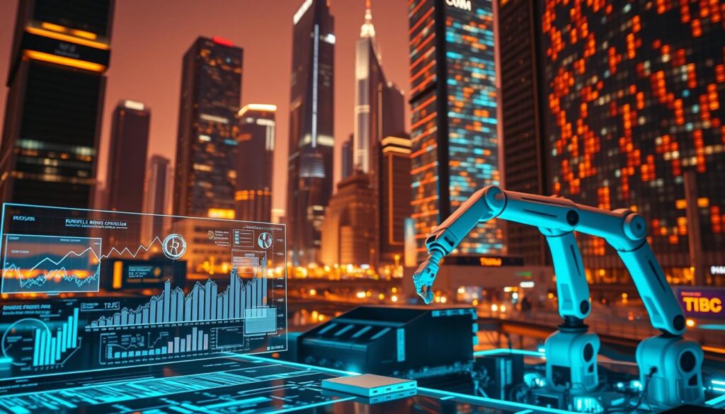 A vibrant digital landscape showcasing cutting-edge technologies that drive innovation. In the foreground, a holographic display projects dynamic data visualizations, symbolizing the power of emerging digital tools. In the middle ground, sleek robotic arms assemble advanced electronics, hinting at the automation and interconnectivity transforming industries. The background reveals a cityscape of towering skyscrapers, their facades adorned with cascading arrays of LED screens, pulsing with the energy of a digitally-driven future. Warm, diffused lighting casts a futuristic glow, while a subtle depth of field emphasizes the depth and complexity of this innovative ecosystem. The overall scene conveys a sense of progress, efficiency, and the boundless potential of digital transformation. A vibrant digital landscape showcasing cutting-edge technologies that drive innovation. In the foreground, a holographic display projects dynamic data visualizations, symbolizing the power of emerging digital tools. In the middle ground, sleek robotic arms assemble advanced electronics, hinting at the automation and interconnectivity transforming industries. The background reveals a cityscape of towering skyscrapers, their facades adorned with cascading arrays of LED screens, pulsing with the energy of a digitally-driven future. Warm, diffused lighting casts a futuristic glow, while a subtle depth of field emphasizes the depth and complexity of this innovative ecosystem. The overall scene conveys a sense of progress, efficiency, and the boundless potential of digital transformation.