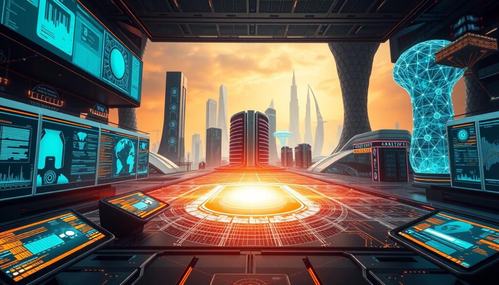 An expansive, futuristic scene showcasing the essential platforms for mastering artificial intelligence. In the foreground, sleek and intuitive AI interfaces, their vibrant displays conveying a sense of cutting-edge technology. In the middle ground, holographic projections and interconnected networks, visualizing the flow of data and insights. The background features towering data centers and research facilities, their architectural forms inspired by organic structures, hinting at the symbiotic relationship between humans and machines. Warm, diffused lighting illuminates the scene, creating a sense of wonder and discovery. The overall composition evokes a harmonious balance between the practical applications and the conceptual grandeur of AI, inviting the viewer to explore the vast potential of these essential platforms. An expansive, futuristic scene showcasing the essential platforms for mastering artificial intelligence. In the foreground, sleek and intuitive AI interfaces, their vibrant displays conveying a sense of cutting-edge technology. In the middle ground, holographic projections and interconnected networks, visualizing the flow of data and insights. The background features towering data centers and research facilities, their architectural forms inspired by organic structures, hinting at the symbiotic relationship between humans and machines. Warm, diffused lighting illuminates the scene, creating a sense of wonder and discovery. The overall composition evokes a harmonious balance between the practical applications and the conceptual grandeur of AI, inviting the viewer to explore the vast potential of these essential platforms.