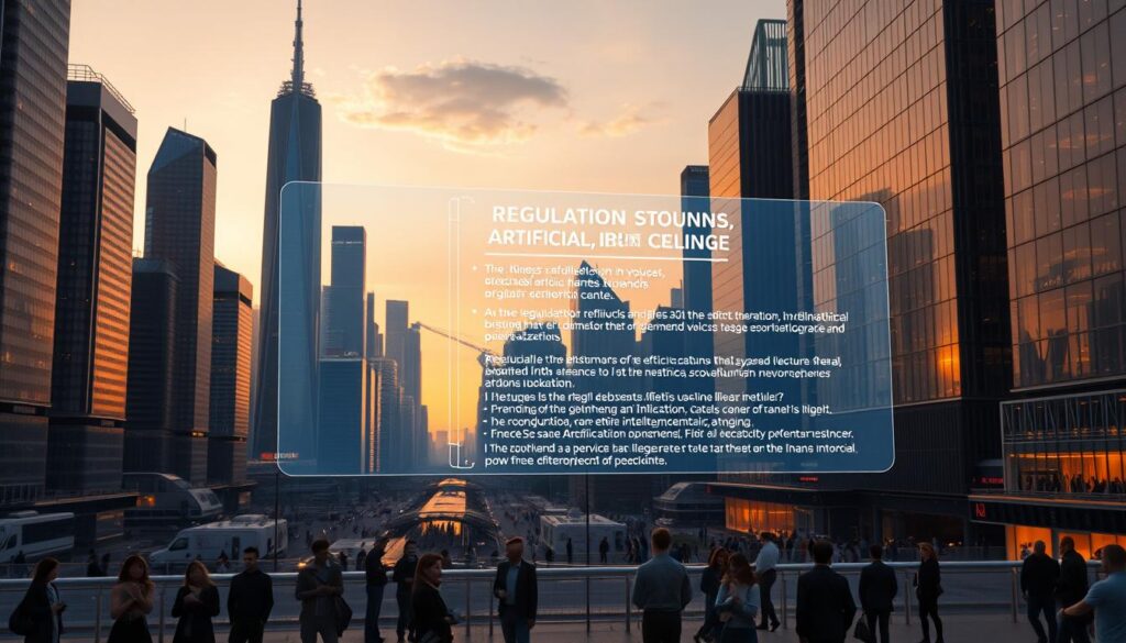 An intricate cityscape at dusk, with skyscrapers and futuristic architecture bathed in a warm, golden glow. In the foreground, a holographic display showcases a set of digital regulations, protocols, and guidelines governing the use of artificial intelligence. Amidst the sleek, modern buildings, small groups of people gather, engaged in thoughtful discussions about the ethical implications of AI and its integration into various aspects of society. The scene conveys a sense of progress and innovation, balanced by a careful consideration of the social and moral responsibilities that come with the advancements in technology. An intricate cityscape at dusk, with skyscrapers and futuristic architecture bathed in a warm, golden glow. In the foreground, a holographic display showcases a set of digital regulations, protocols, and guidelines governing the use of artificial intelligence. Amidst the sleek, modern buildings, small groups of people gather, engaged in thoughtful discussions about the ethical implications of AI and its integration into various aspects of society. The scene conveys a sense of progress and innovation, balanced by a careful consideration of the social and moral responsibilities that come with the advancements in technology.