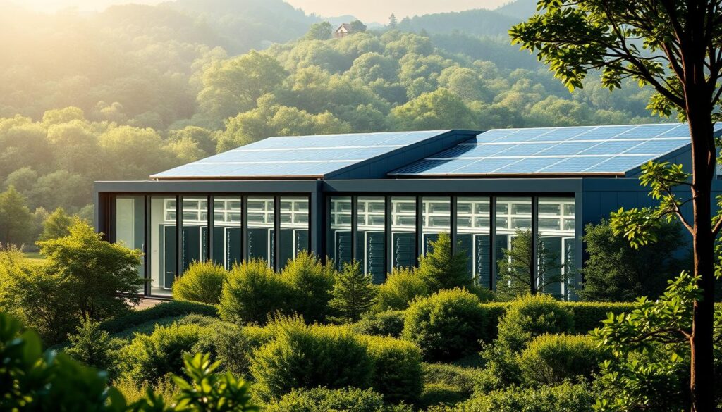 Detailed, technologically-advanced data center facility nestled in a lush, verdant landscape. Sleek, modern architecture with clean lines and large, energy-efficient windows. Rows of server racks within a bright, well-lit interior, cooled by advanced HVAC systems. Roof-mounted solar panels capturing renewable energy, powering the facility's sustainable operations. A serene, nature-inspired environment that harmonizes cutting-edge technology and environmental responsibility. Dramatic lighting illuminates the scene, accentuating the harmonious blend of man-made and natural elements. Detailed, technologically-advanced data center facility nestled in a lush, verdant landscape. Sleek, modern architecture with clean lines and large, energy-efficient windows. Rows of server racks within a bright, well-lit interior, cooled by advanced HVAC systems. Roof-mounted solar panels capturing renewable energy, powering the facility's sustainable operations. A serene, nature-inspired environment that harmonizes cutting-edge technology and environmental responsibility. Dramatic lighting illuminates the scene, accentuating the harmonious blend of man-made and natural elements.