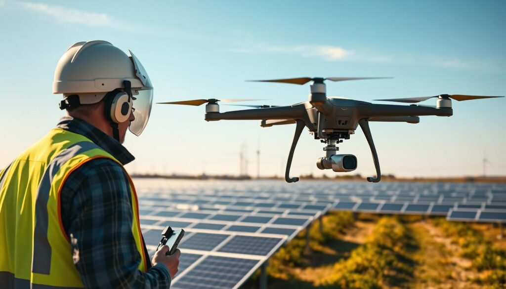 A detailed scene depicting a drone operation in a renewable energy environment, focused on an expansive solar farm under a clear blue sky. In the foreground, a professional drone operator in a safety vest and helmet is monitoring a drone equipped with a high-resolution camera, showcasing the operational procedures. The middle ground features rows of solar panels glinting in the sunlight, emphasizing their alignment and efficiency. In the background, power lines stretch across the horizon, connecting to distant wind turbines, symbolizing integration of energy sources. The scene is illuminated with warm sunlight casting dynamic shadows, creating a vibrant and active mood. The angle of the shot is slightly elevated, giving a comprehensive view of the operation without any human figures being overly prominent. A detailed scene depicting a drone operation in a renewable energy environment, focused on an expansive solar farm under a clear blue sky. In the foreground, a professional drone operator in a safety vest and helmet is monitoring a drone equipped with a high-resolution camera, showcasing the operational procedures. The middle ground features rows of solar panels glinting in the sunlight, emphasizing their alignment and efficiency. In the background, power lines stretch across the horizon, connecting to distant wind turbines, symbolizing integration of energy sources. The scene is illuminated with warm sunlight casting dynamic shadows, creating a vibrant and active mood. The angle of the shot is slightly elevated, giving a comprehensive view of the operation without any human figures being overly prominent.