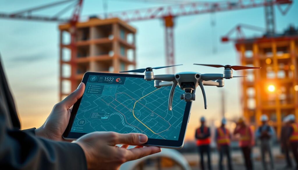 A futuristic drone operation interface displayed on a sleek tablet, held by a user in professional business attire. The foreground features the tablet with a high-resolution, interactive map of a construction site, showcasing real-time data and drone flight paths. In the middle ground, a drone hovers in mid-air, capturing aerial imagery, with its propellers spinning. The background includes a modern construction site, with cranes and workers in hard hats, illuminated by evening sunlight creating a warm and innovative atmosphere. The scene is framed with a shallow depth of field, ensuring sharp focus on the tablet and drone, with a slight lens flare to enhance the technological vibe. The mood is dynamic and forward-looking, emphasizing the integration of advanced technology in construction.