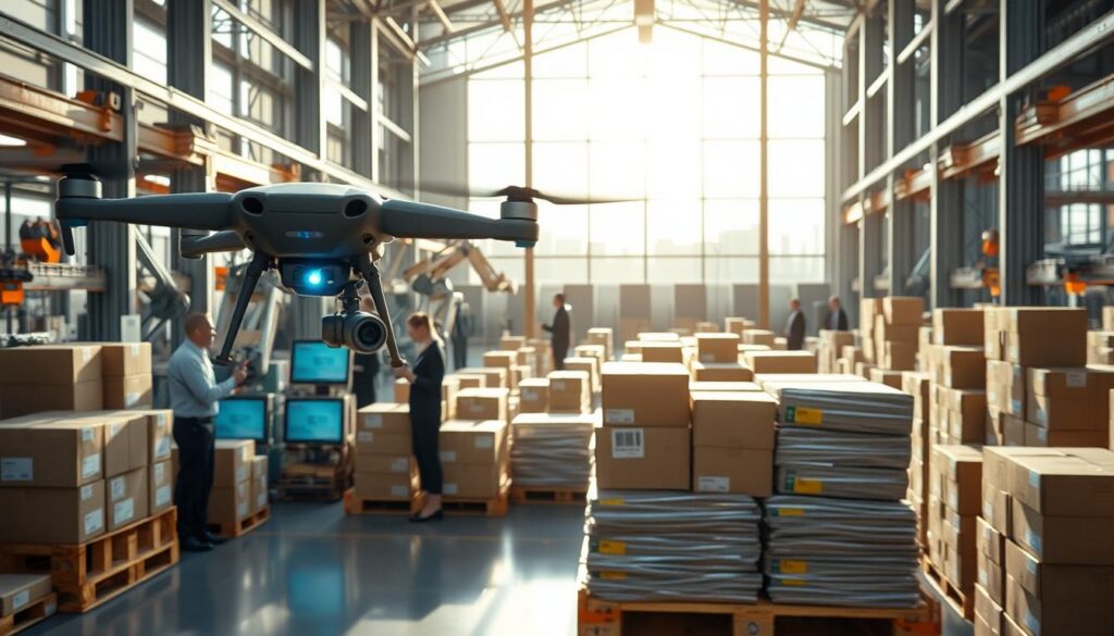 A futuristic logistics warehouse scene showcasing drones in action. In the foreground, a sleek drone hovers near a neatly arranged pallet of packages, with a subtle glow indicating advanced technology. The middle ground features a spacious distribution center, with robotic arms sorting items and stacks of boxes labeled for various destinations. Employees in professional business attire work efficiently, monitoring displays and coordinating tasks. In the background, large windows reveal a bright, sunny day, casting natural light that enhances the atmosphere of innovation and opportunity. The overall mood reflects a sense of efficiency, advancement, and the challenges and possibilities that come with the integration of drones into logistics, captured with a wide-angle lens to emphasize depth and activity within the space.