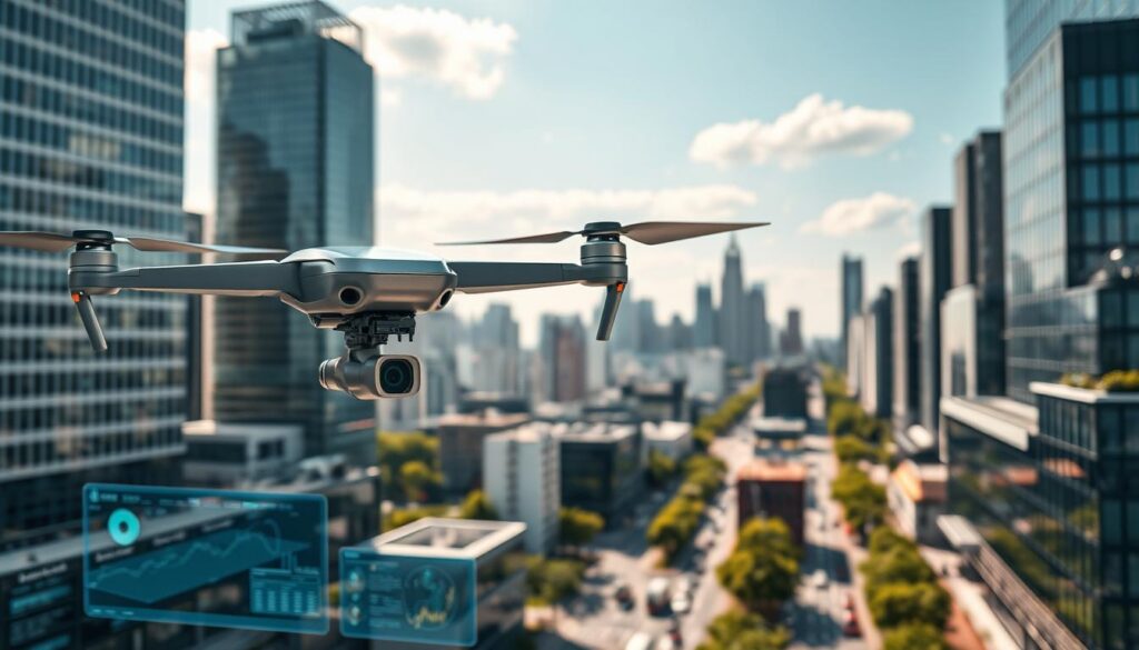 A futuristic urban landscape showcasing the integration of drones with urban systems. In the foreground, a sleek drone equipped with high-tech sensors is hovering, capturing data over a bustling cityscape with modern skyscrapers, greenery, and vibrant streets below. In the middle ground, digital interfaces and interactive maps are visible, displaying real-time analytics related to urban planning and mapping. In the background, a clear blue sky with a few fluffy clouds reflects natural light, creating an inviting atmosphere. The scene should be shot from a slightly elevated angle, emphasizing the harmony between technology and city life. The overall mood is innovative and dynamic, highlighting the role of drones in smart city development.