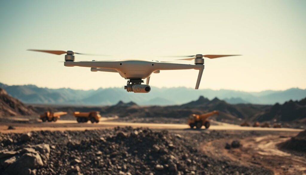 A vivid and dynamic scene featuring a drone actively monitoring a mining site, capturing data amidst rugged terrain. In the foreground, the drone hovers above a mineral-rich area, with its propellers clearly visible. In the middle ground, mining machinery like excavators and trucks are engaged in operations. The background showcases a sprawling landscape of mountains and rocky formations under a clear blue sky. Soft lighting illuminates the scene, creating a bright and realistic atmosphere. The angle captures a slightly elevated perspective, emphasizing the scale of the mining operations. The mood is focused and industrious, highlighting the integration of advanced technology in mining data collection and monitoring. No people or text should be included. A vivid and dynamic scene featuring a drone actively monitoring a mining site, capturing data amidst rugged terrain. In the foreground, the drone hovers above a mineral-rich area, with its propellers clearly visible. In the middle ground, mining machinery like excavators and trucks are engaged in operations. The background showcases a sprawling landscape of mountains and rocky formations under a clear blue sky. Soft lighting illuminates the scene, creating a bright and realistic atmosphere. The angle captures a slightly elevated perspective, emphasizing the scale of the mining operations. The mood is focused and industrious, highlighting the integration of advanced technology in mining data collection and monitoring. No people or text should be included.