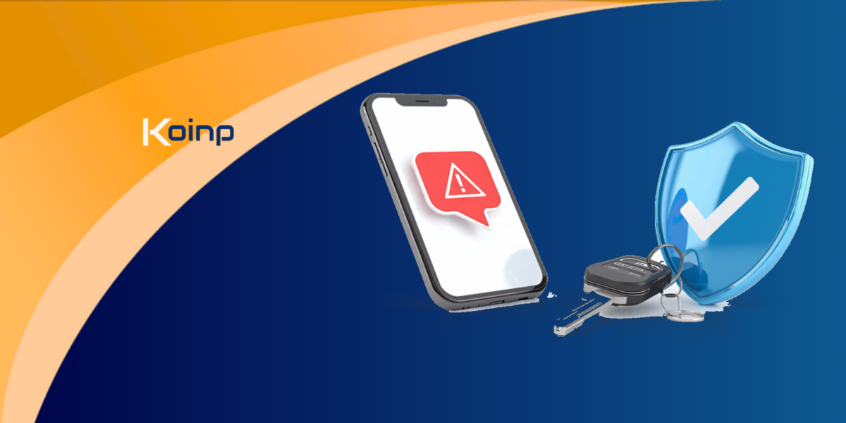 Celular com alerta vermelho, chave de carro e escudo azul de segurança, na arte do Koinp