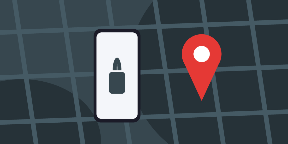 Ilustração de celular bloqueado com cadeado e alfinete de mapa