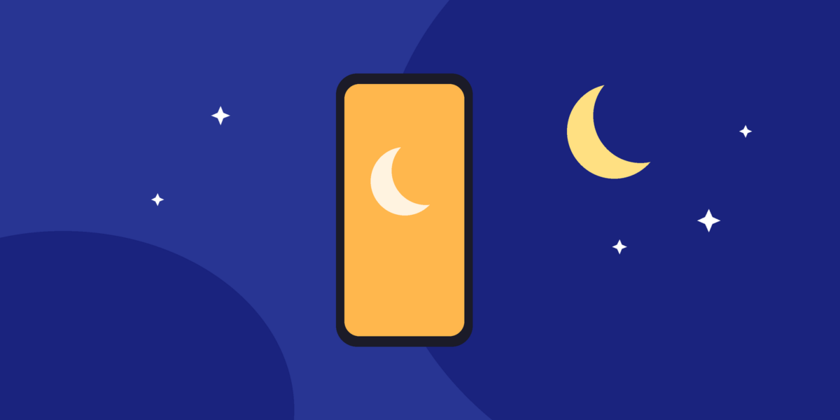 Ilustração de celular com tela em tom âmbar, lua e estrelas